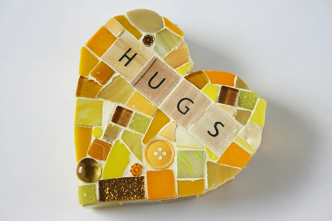 Yellow Mosaic Heart Paperweight Large Mixed Media Hugs xo Love My Mine Wood Letters Valentines Da... | Etsy (US)
