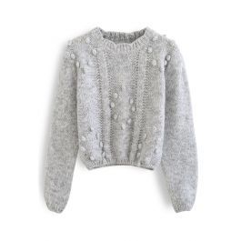 Pom-Pom Diamond Fuzzy Cropped Sweater in Grey | Chicwish