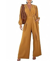 CHICME Womens Elegant Long Puff Sleeve Jumpsuit Deep V Neck Tie Waist Casual Wide Leg Pants Rompe... | Amazon (US)