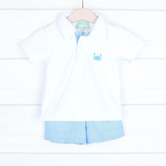 Crab Embroidered Polo Set Pink and Aqua Plaid | Classic Whimsy