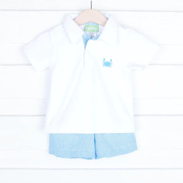 Crab Embroidered Polo Set Pink and Aqua Plaid | Classic Whimsy
