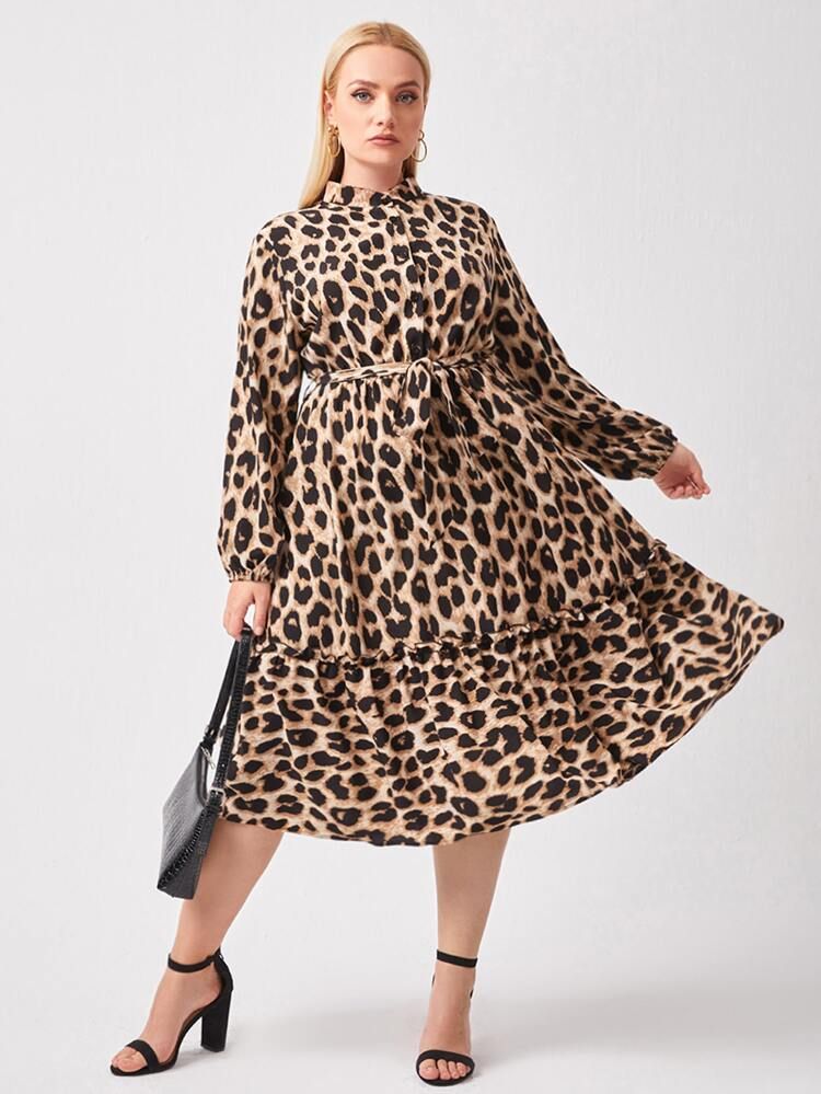 Plus Button Half Leopard Print Belted Dress | SHEIN