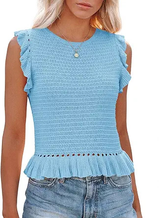 PiePieBuy Women's Summer Knit Tank Tops Crew Neck Sleeveless Cami Shirts Tees Ruffle Sweater Vest | Amazon (US)