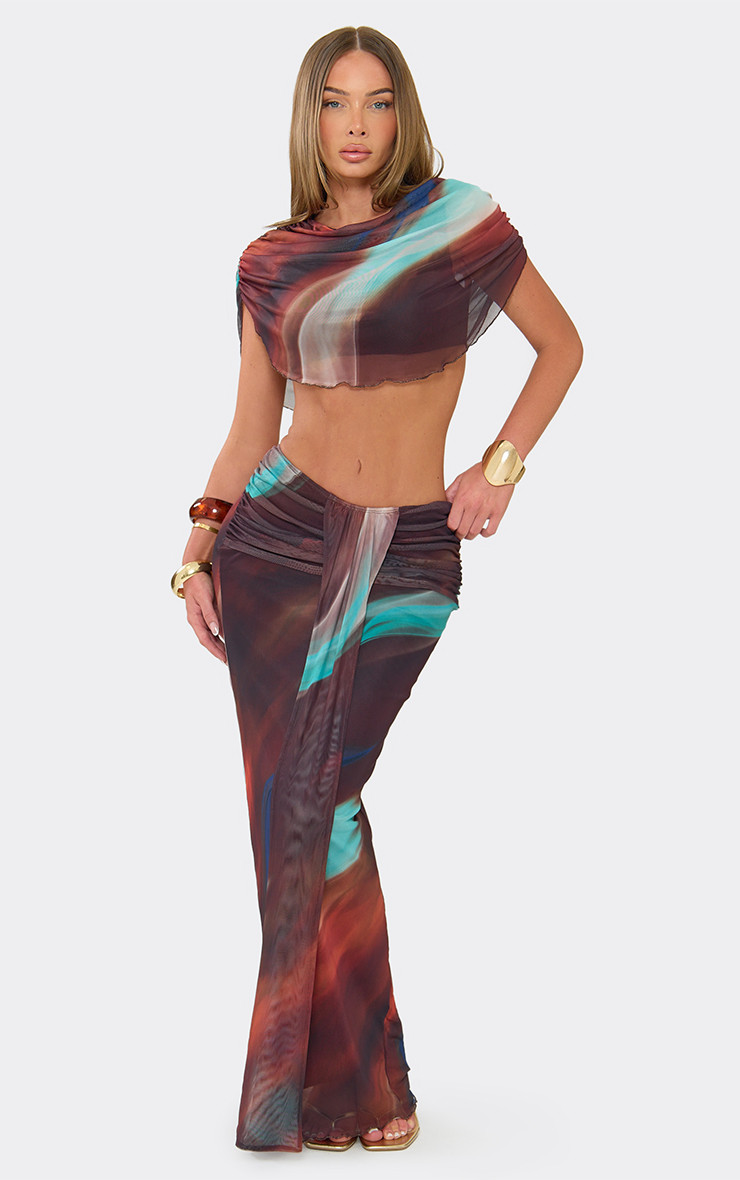 Low Waist Drape Detail Maxi Skirt In Brown Abstract Print Mesh | EGO Shoes (US & Canada)