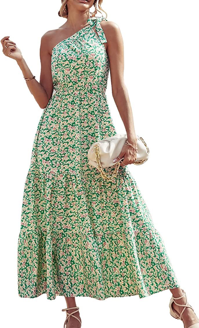 PRETTYGARDEN Women's Floral Summer Dress 2023 Knot One Shoulder Sleeveless Ruffle Hem Flowy Boho Max | Amazon (US)