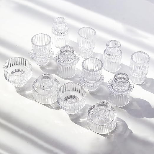 Clear Candlestick Holders 12PCS Ribbed Glass Taper Candle Holders for Tealight Stick Candles Tabl... | Amazon (US)