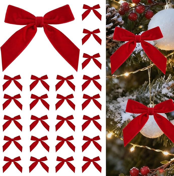 24 Pcs Red Velvet Bows for Christmas Tree, Red Velvet Christmas Tree Bows with Gold Twist Ties, V... | Amazon (US)