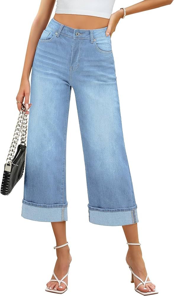 GRAPENT Wide Leg Jeans for Women High Waisted Stretchy Denim Capri Pants Fold Hem Cropped Baggy C... | Amazon (US)