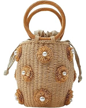 NIBD Flower Pearls Rattan Tote Bag Summer Beach Drawstring Straw Bucket Bag Diamonds Woven Handba... | Amazon (US)