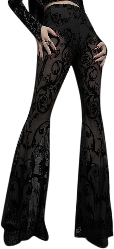 Women Rave Mesh Sheer Pants Flared Bell Bottom Pants for Dance Festival Clubwear | Amazon (US)