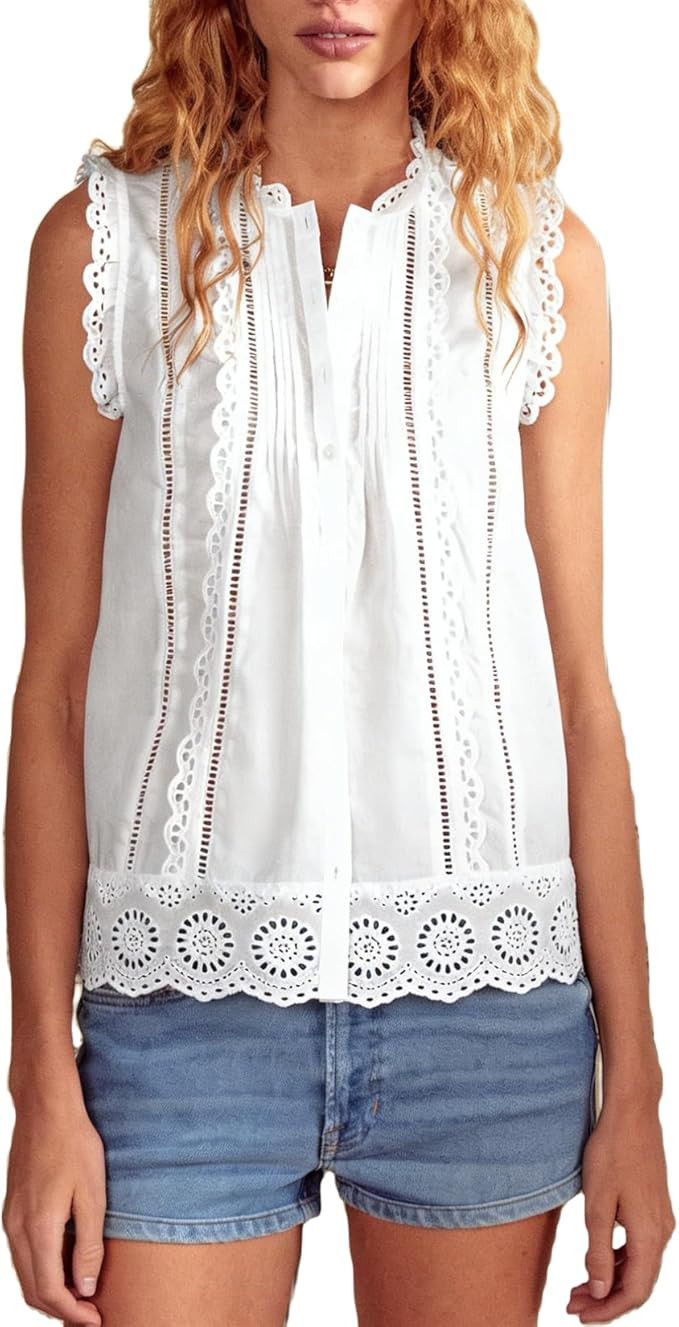 Women Cute Cutout Eyelet Tank Top Fairy Cottagecore Sleeveless Scallop Trim Pleated Peplum Camiso... | Amazon (US)