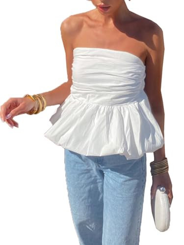 Women Y2k Peplum Tube Tops Strapless Ruffle Hem Bandeau Bubble Tops Pleated Cute Summer Going Out Tops(White,S) | Amazon (US)