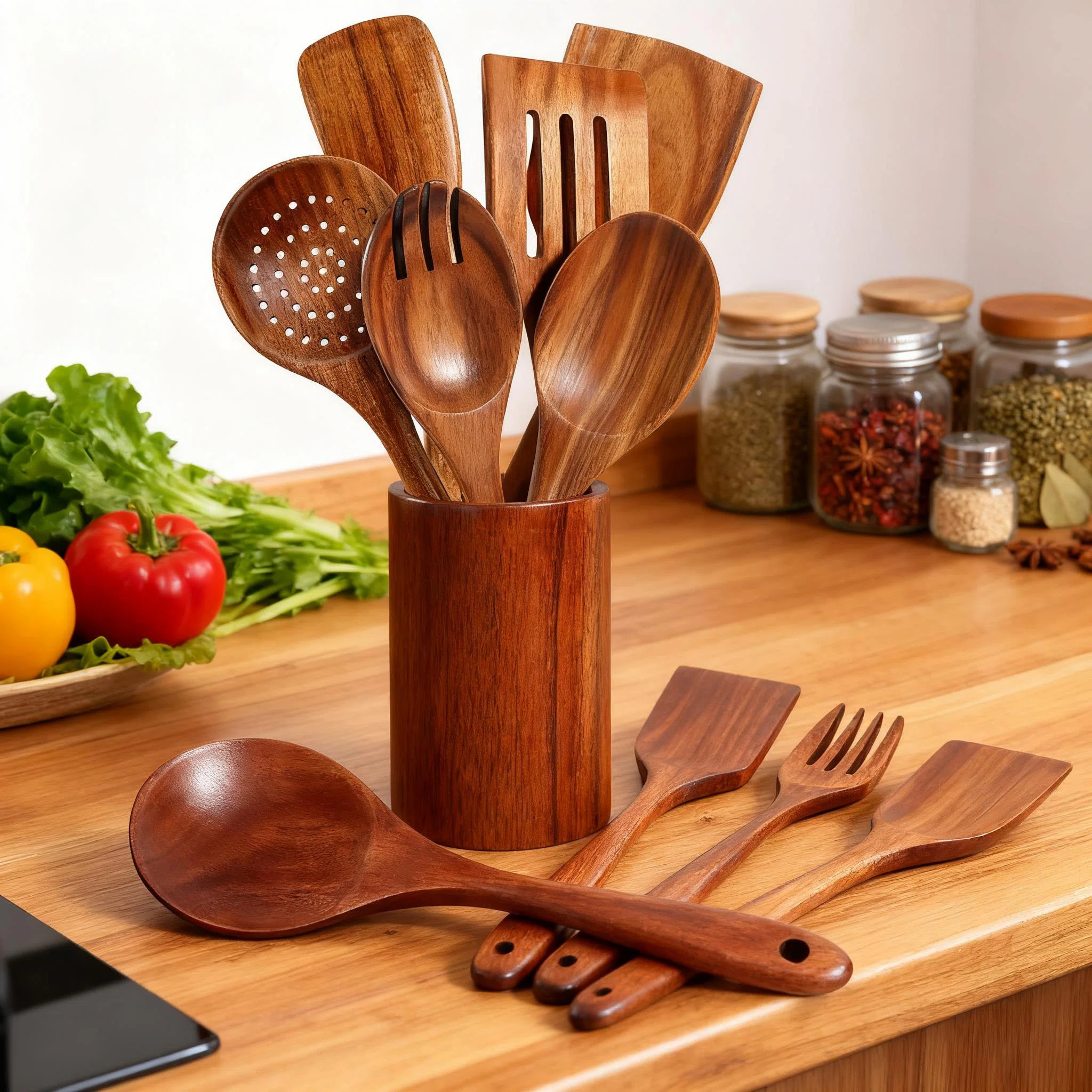 9-Piece Teak Wooden Utensil Set With Holder And Spoon Rest, Natural Wood Cooking Spoons And Spatu... | Wayfair North America