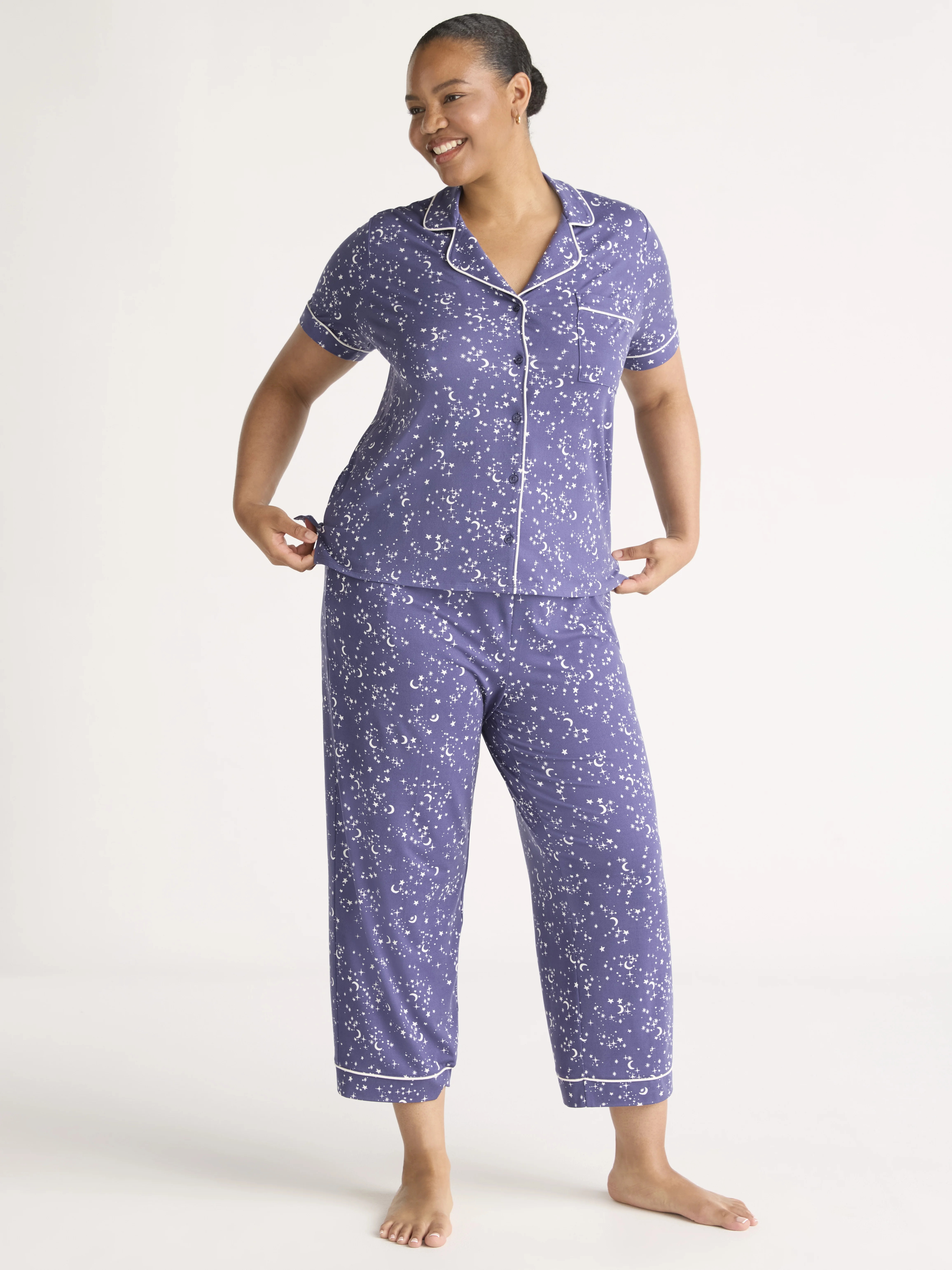 Joyspun Women's Dreamy Soft Collection Notch Collar Short Sleeve Knit Top & Capri Pajama Set, 2-P... | Walmart (US)