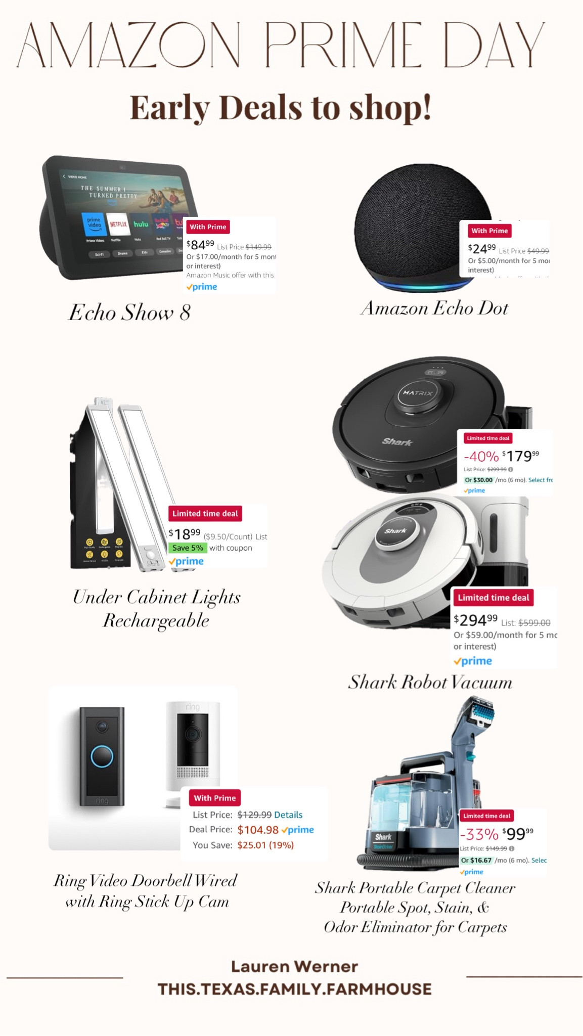 Early prime day deals! Shop now while deals last. These are all device deals I have and love! 

Vacuum | Carpet Cleaner | Ring Video Doorbell | Echo Show | Indoor lighting 

#LTKHome #LTKSummerSales #LTKSaleAlert