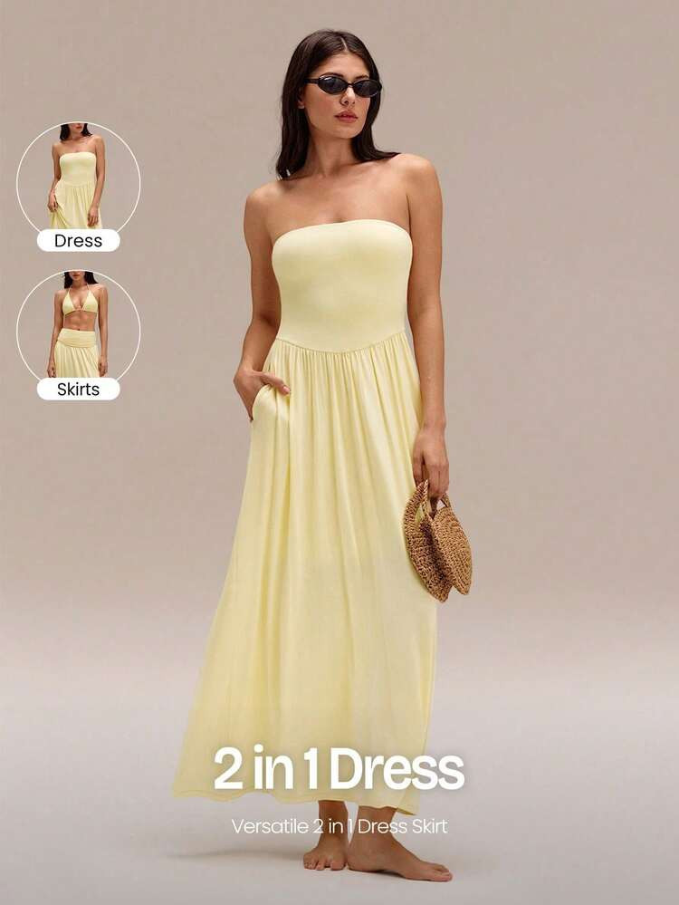 GLOWMODE 2-In-1 Two-Way Wear Strapless Dress Keep It Breezy Ultra-Fine Soft Texture Side Pockets ... | SHEIN