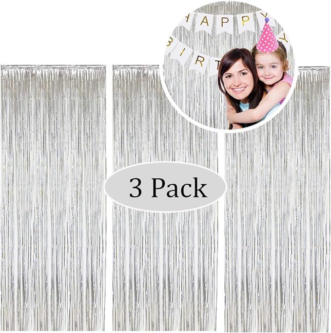 Moohome 3 Pack Silver Foil Fringe Curtain, Fringe Backdrop Curtains for Birthday Wedding Engageme... | Amazon (US)