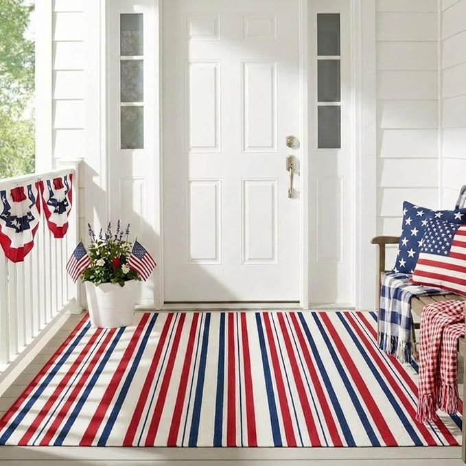 3x5ft Patriotic Outdoor Rug Waterproof Plastic Straw Patio Mat Reversible Red White and Blue Stri... | Amazon (US)