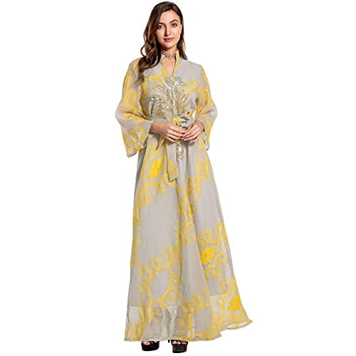 OBEEII Abayas for Women Muslim Applique Embroidery Long Sleeve Maxi Dress Loose Full Cover Islamic Dubai Robe Kaftan Abayas Yellow Large | Amazon (US)