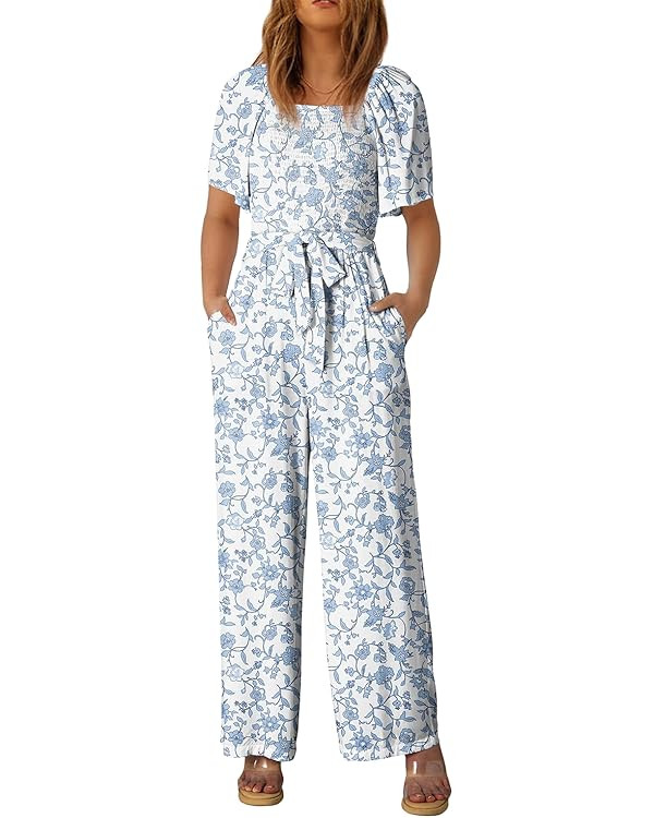 Happy Sailed Womens Boho Jumpsuits Floral Printed Short Sleeve High Waisted Pockets Wide Leg Romp... | Amazon (US)