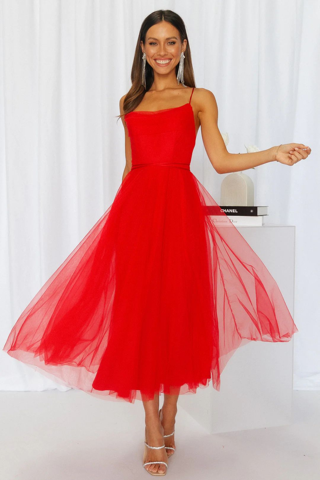 Signal My Way Tulle Midi Dress Red | Hello Molly