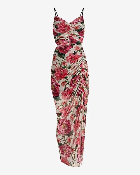 Floral Mesh V-Neck Side Cutout Ruched Maxi Dress | Express