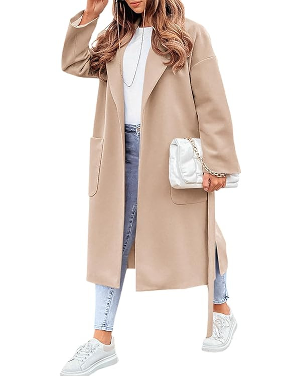 FSHAOES Womens Lapel Collar Pea Coat Open Front Overcoat Belted Long Jacket Outerwear | Amazon (US)