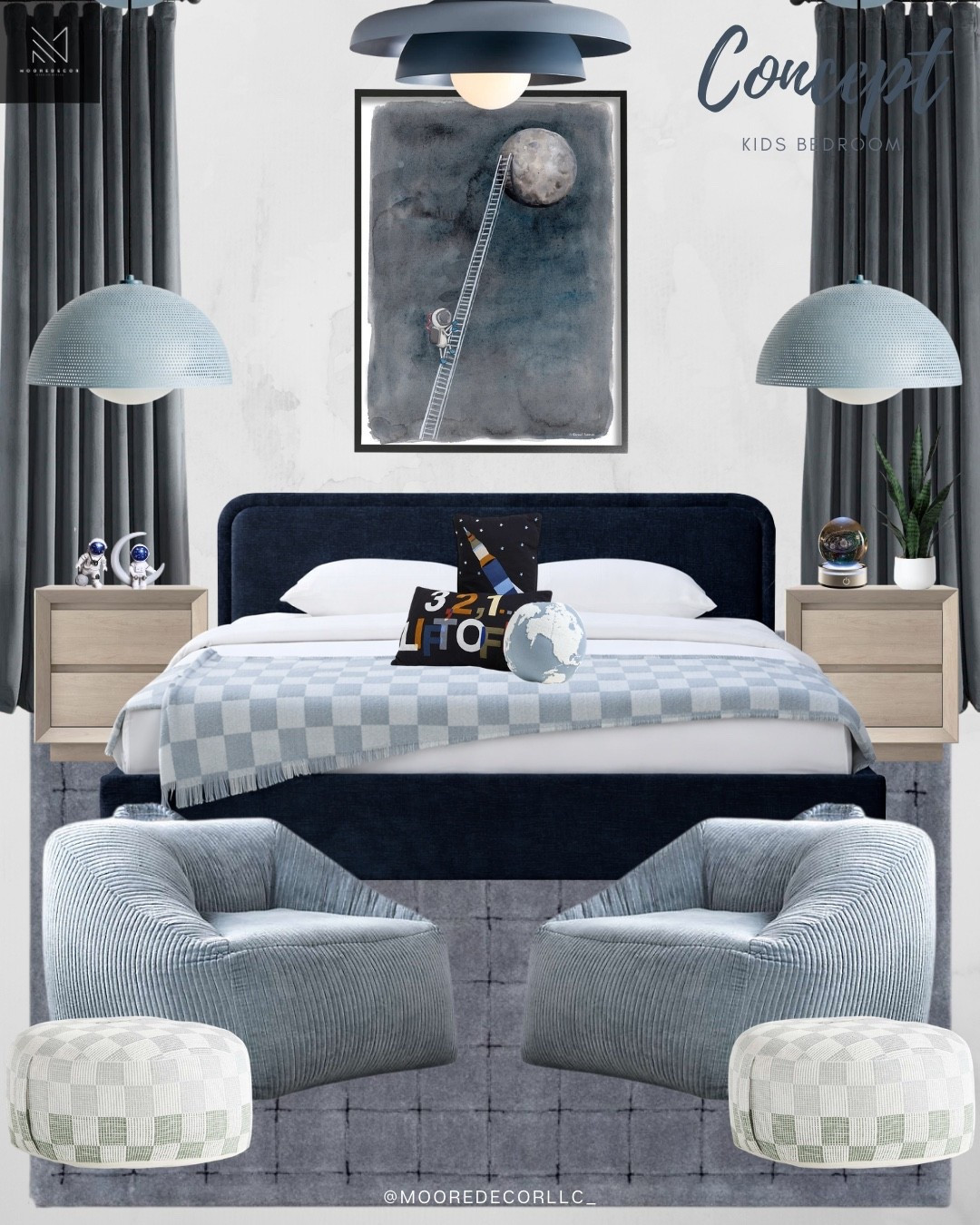 I wanted this space to feel fun but still elevated, something a child can grow into without it feeling overly themed.

The deep navy bed anchors the room, while the soft blues, light wood tones, and textured rug keep the space feeling calm and balanced. The moon artwork adds a little imagination to the design, which I love for a kids room because it encourages creativity without overwhelming the space.

And the cozy seating at the end of the bed creates a little reading or hangout moment.

Design tip: Kids rooms don’t have to be loud or cluttered to feel playful. A thoughtful color palette and a few imaginative details can make the room feel special while still staying timeless.

#kidsbedroomdesign #modernkidsroom #bedroomdesignideas #interiordesigninspo #modernbedroomdesign #kidsroominspiration

#LTKKids #LTKHome