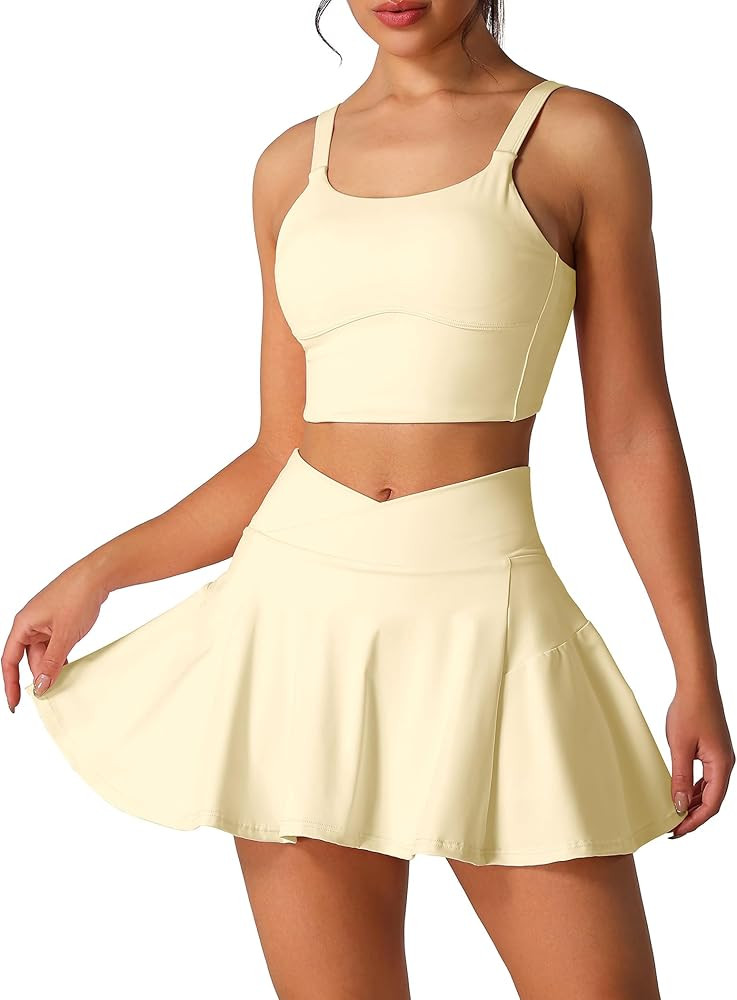 Two Piece Tennis Skirt Sets for Women High Waisted Pleated Skirt Tennis Dress Sports Bra Golf Ath... | Amazon (US)