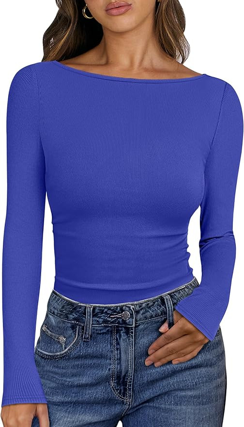 ANRABESS Women's Boat Neck Long Sleeve Shirts Rib Knit Slim Fitting Tops Basic Tees 2025 Casual C... | Amazon (US)