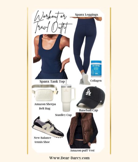 Spanx Workout or Travel outfit✔️

Spanx Booty leggings!
So do good! TTS

Spanx Tank 
TTS 

Stanley tumbler $40

Amazon Sherpa belt bag $24

Amazon Faux puffer leather vest  $44

New balance tennis shoes shoe good and all sizes in stock 

Collagen powder vital protein 
A must have for healthy skin, hair and nails

LA baseball cap 

#ltktravel 

#LTKfit #LTKsalealert #LTKstyletip