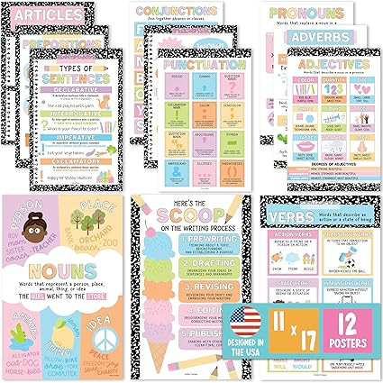 Parts of Speech Posters for Classroom Must Haves - 12 Grammar Posters, Writing Process for Homesc... | Amazon (US)