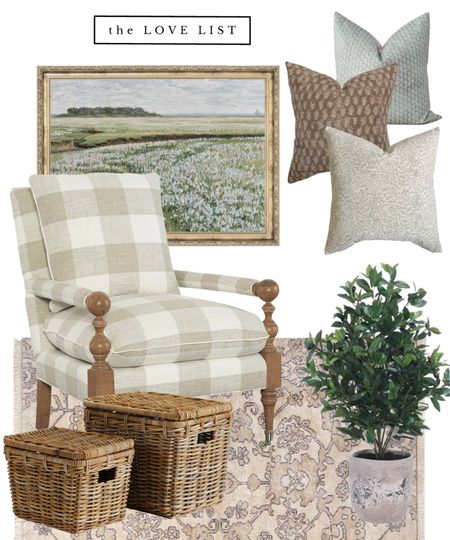 A cozy country home decor look // plaid armchair, neutral oriental rug, rattan baskets, neutral landscape vintage art, faux olive tree, Etsy vintage pillows 

#LTKhome #LTKunder50 #LTKFind