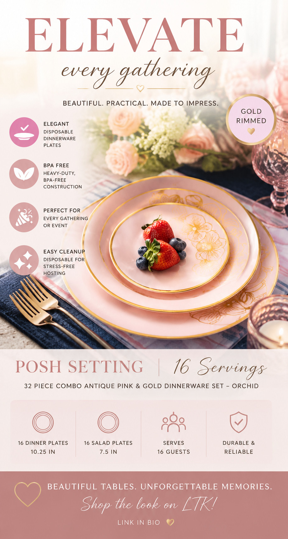 Elegant pink & gold dinnerware set for effortless entertaining ✨

This 32-piece disposable dinnerware set is perfect for parties, birthdays, brunches, bridal showers, holidays, and any beautiful table setup where you want a polished look without the cleanup. The soft antique pink color with gold rim details feels feminine, elegant, and festive, while the BPA-free heavy-duty construction makes it practical for real gatherings.

Includes service for 16:
16 dinner plates
16 salad plates

A beautiful way to make any table look styled, elevated, and photo-ready — with easy cleanup after the event.

#tablescape #partydecor #dinnerware #LTKhome #targetfinds 

 #LTKfoodie #LTKHome