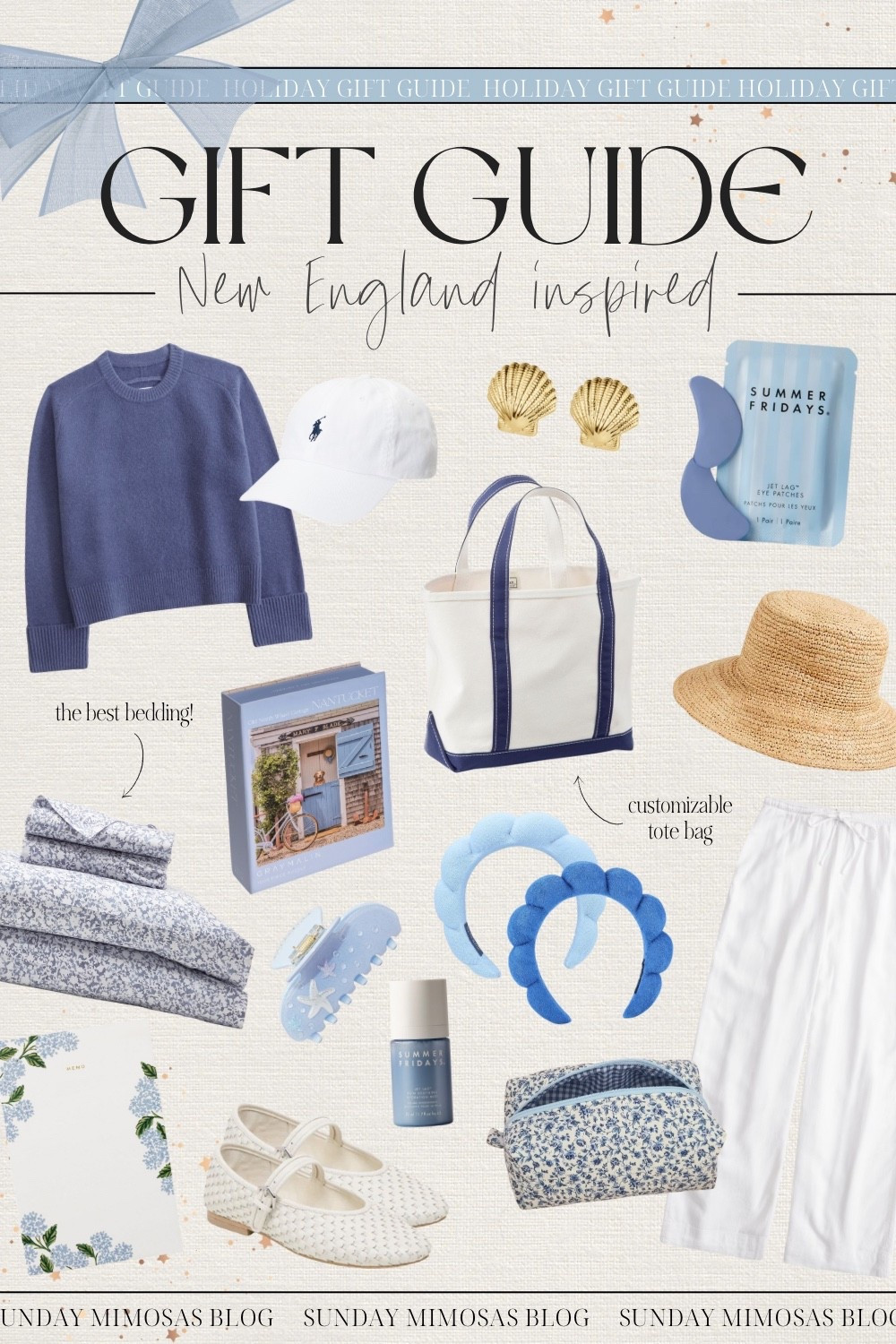 COASTAL GRANDDAUGHTER GIFT GUIDE 🌊🐚 Here are some of our favorite New England inspired blue and white Christmas gift ideas ✨ If you love the Summer I Turned Pretty aesthetic, this gift guide is for you!

1. Customizable LL Bean boat tote
2. White linen pants
3. Boll and Branch sheets - use code CASSIEM
4. Gold seashell earrings
5. Summer Fridays eye gels
6. Blue and white floral makeup bag
7. Gray Malin Nantucket puzzle
8. White Ralph Lauren baseball cap
9. Blue crewneck sweater
10. Emi Jay claw clip
+ more!

Linking more Christmas gift ideas for women and gifts for her below! 

All of our 2025 Christmas Gift Guides (with more details on the products) are on sundaymimosasblog.com 💙