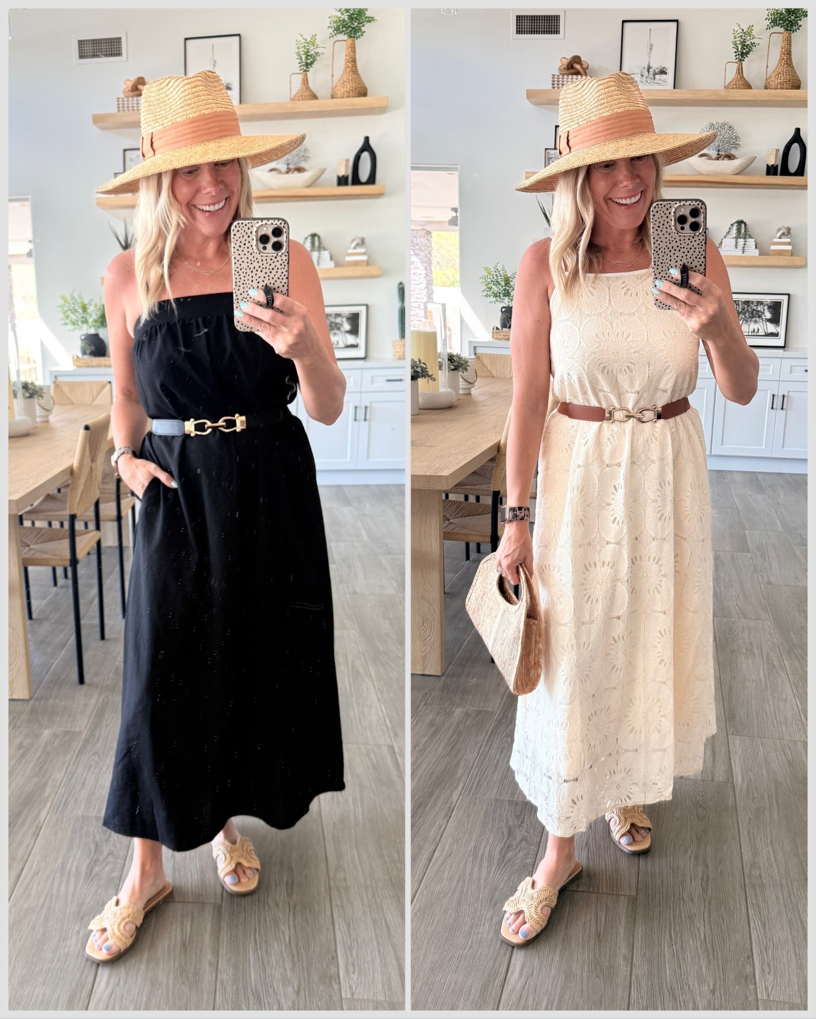 Size small black midi dress and cream crochet dress. Raffia sandals run true to size 



#LTKootd #LTKPetite #LTKOver40