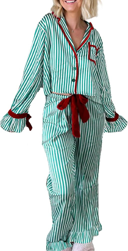 KMBANGI Women Santa Bow Tie Pajama Set Christmas Long Sleeve Shirt Pants Pj Silky Satin Graphic 2... | Amazon (US)