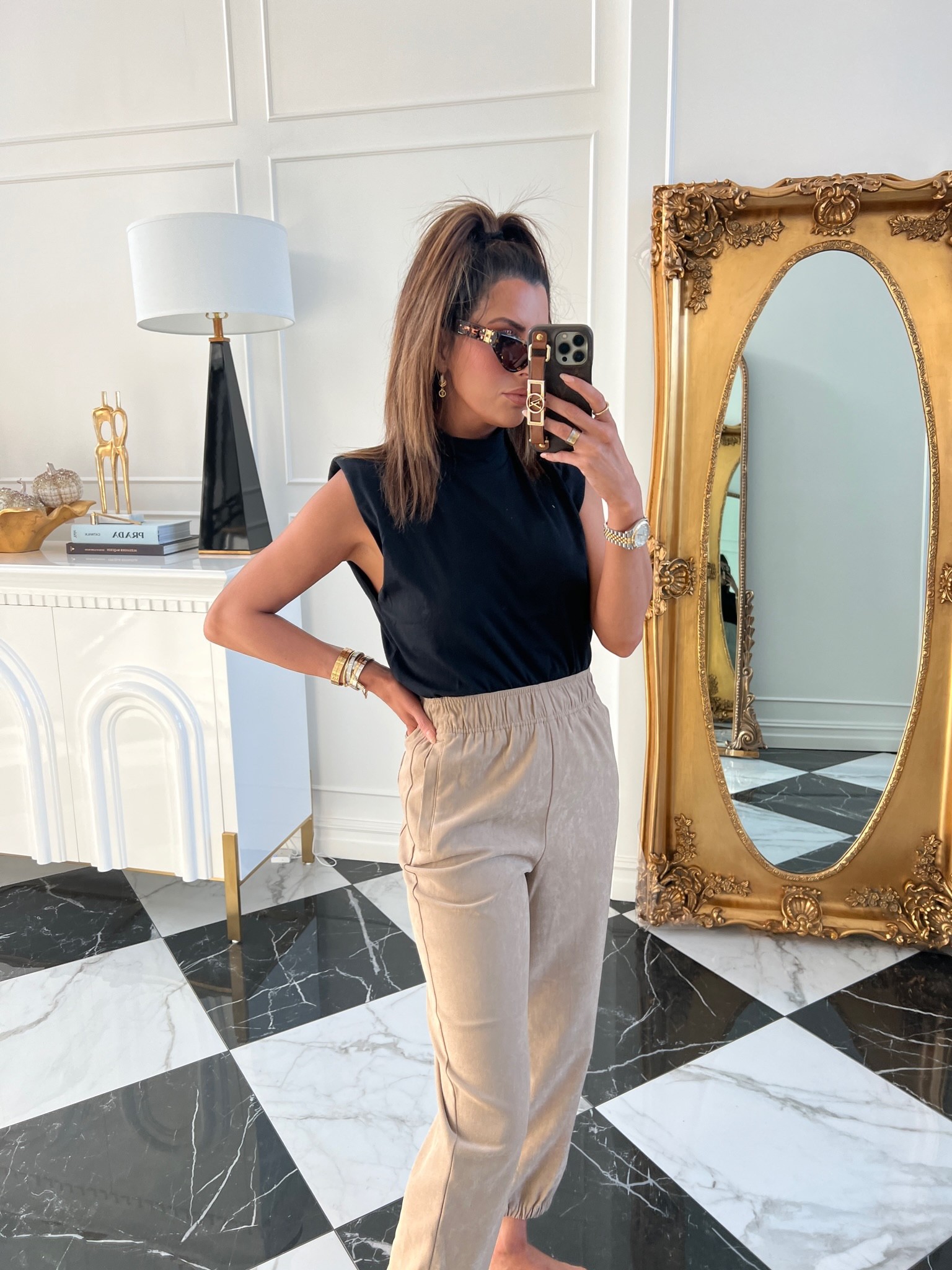 Fall Outfits, Mock Neck Shoulder Pad Tee, Black Tee, Linen Jogger Pants, Bottega Veneta Cat Eye Sunglasses, Affordable Gold Jewelry, Emily Gemma Fall Fashion, Fall Fashion, Emily Ann Gemma 

#LTKstyletip #LTKSeasonal