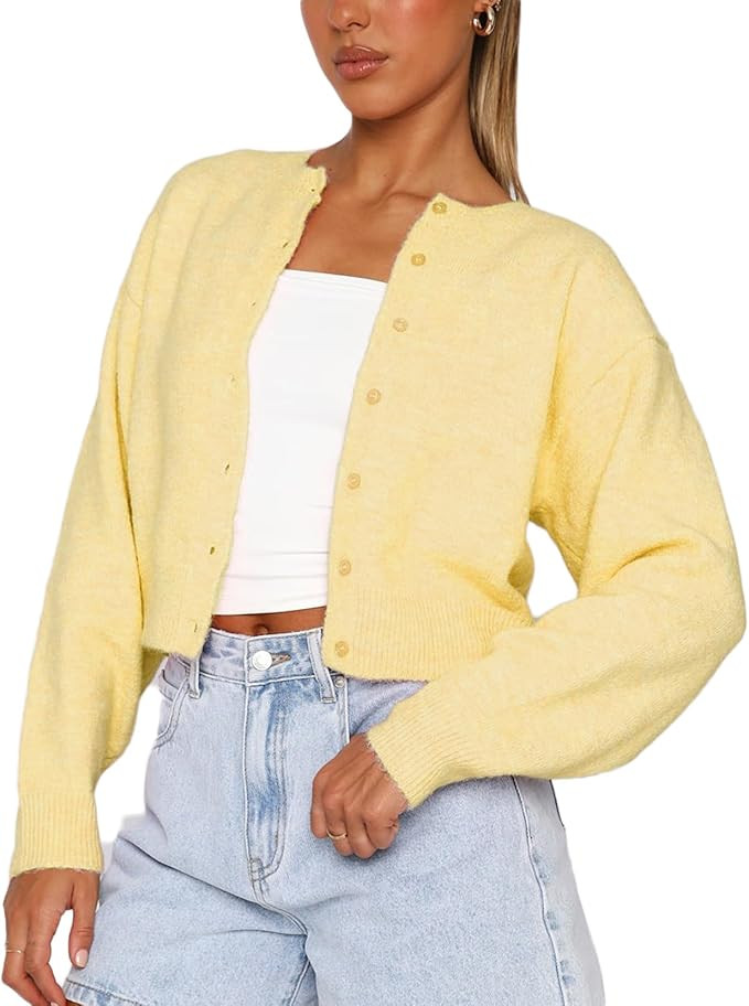 Women Y2K Button Front Crop Sweater Cardigan Solid Color Crew Neck Long Sleeve Knit Fall Tops Str... | Amazon (US)