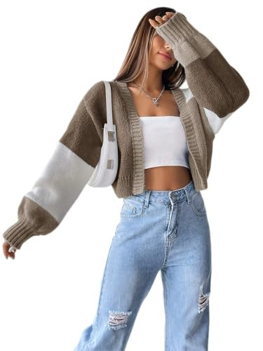 SISKIN Fall Cropped Cardigan Sweaters for Women Lightweight,Color Block Sweater,Oversized Cardigan Sweater,Fall Sweaters for Women Trendy Brown L | Amazon (US)
