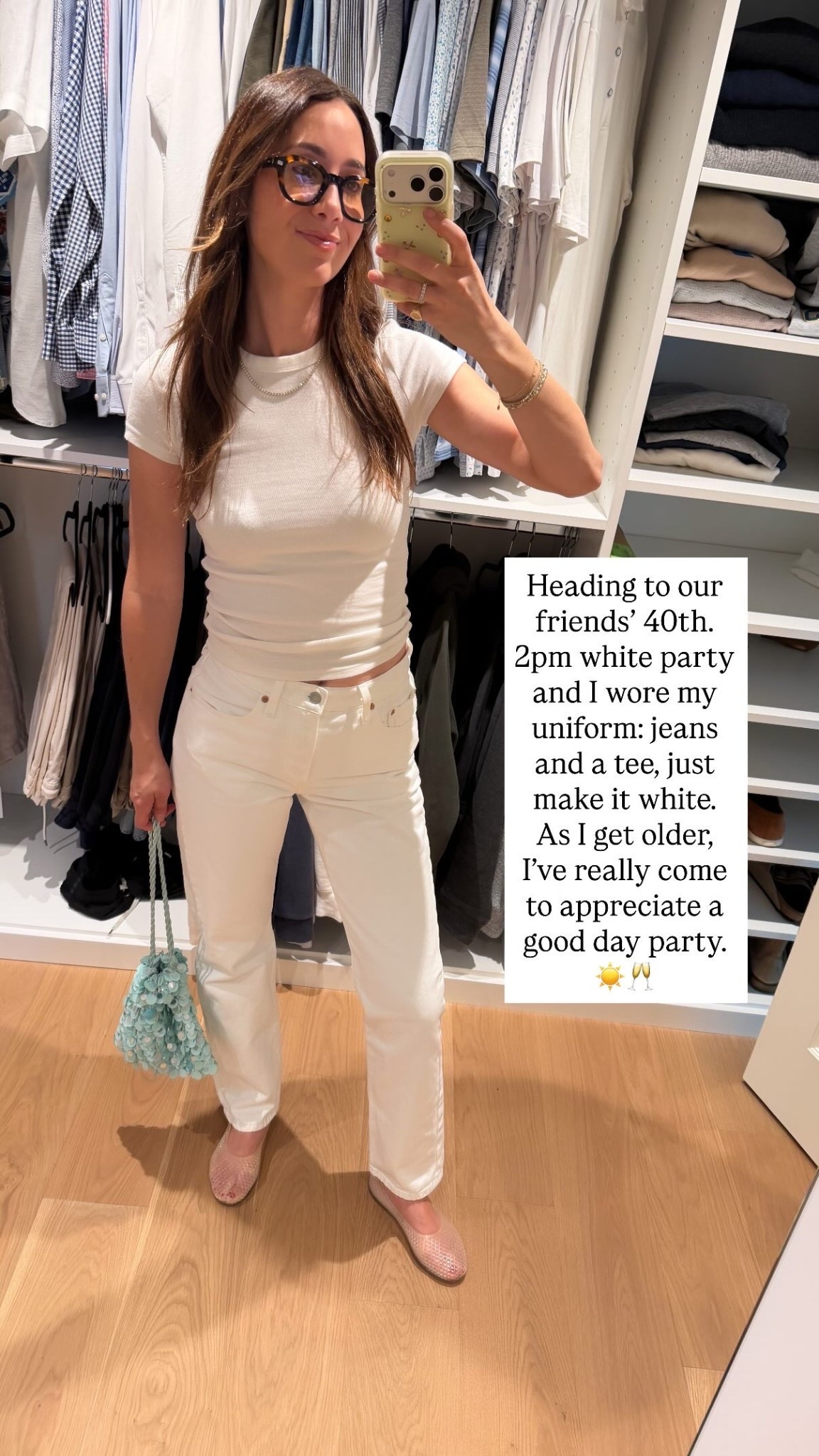 Heading to our friends’ 40th. 2pm white party and I wore my uniform: jeans and a tee, just make it white. As I get older, I’ve really come to appreciate a good day party. ☀️🥂

Jeans: 27x32 (size up 2 from my reg)
Tee: Xs (size down from reg for a tight fit)

#LTKootd #LTKgrwm