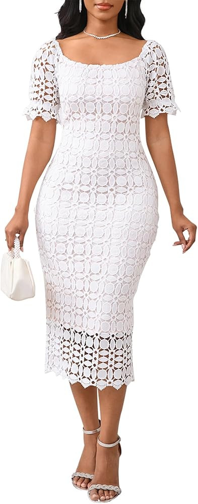Cololura Women Elegant Floral Lace Mesh Short Sleeve Formal Evening Gown Party Bodycon Pencil Dre... | Amazon (US)