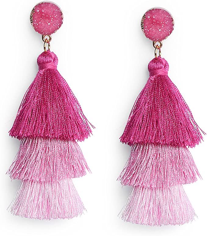 Me&Hz Colorful Layered Tassel Earrings Bohemian Tiered Tassel Druzy Stud Dangle Drop Earrings for... | Amazon (US)