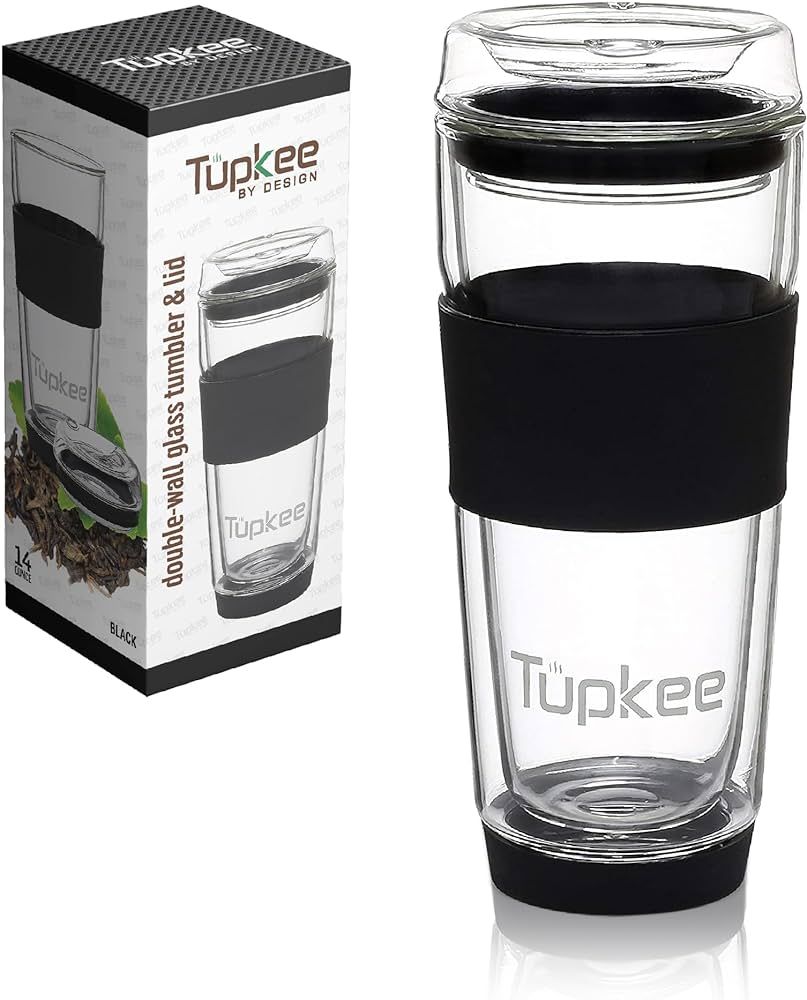 Tupkee Double Wall Glass Tumbler - 14-Ounce, All Glass Reusable Insulated Tea/Coffee Mug & Lid, Hand Blown Glass Travel Mug - Black | Amazon (US)