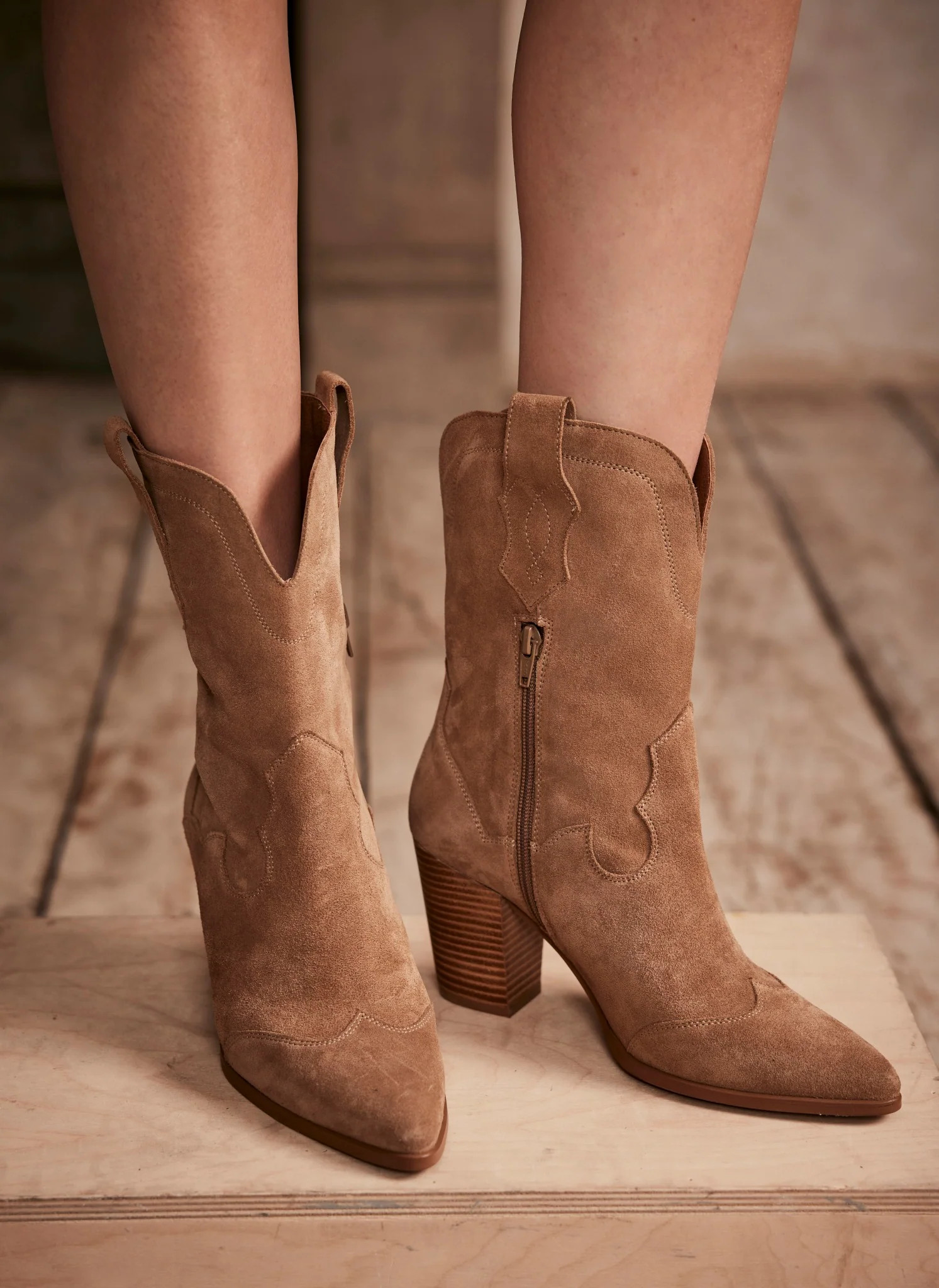Dol Neutral Suede Cowboy Ankle Boots | Mint Velvet