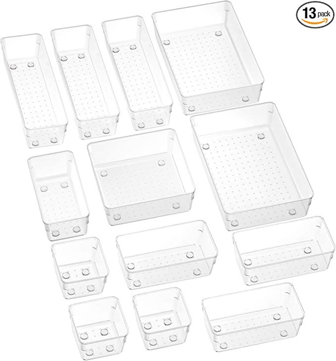 SMARTAKE 13-Piece Drawer Organizers with Non-Slip Silicone Pads, 5-Size Desk Drawer Organizer Tra... | Amazon (US)