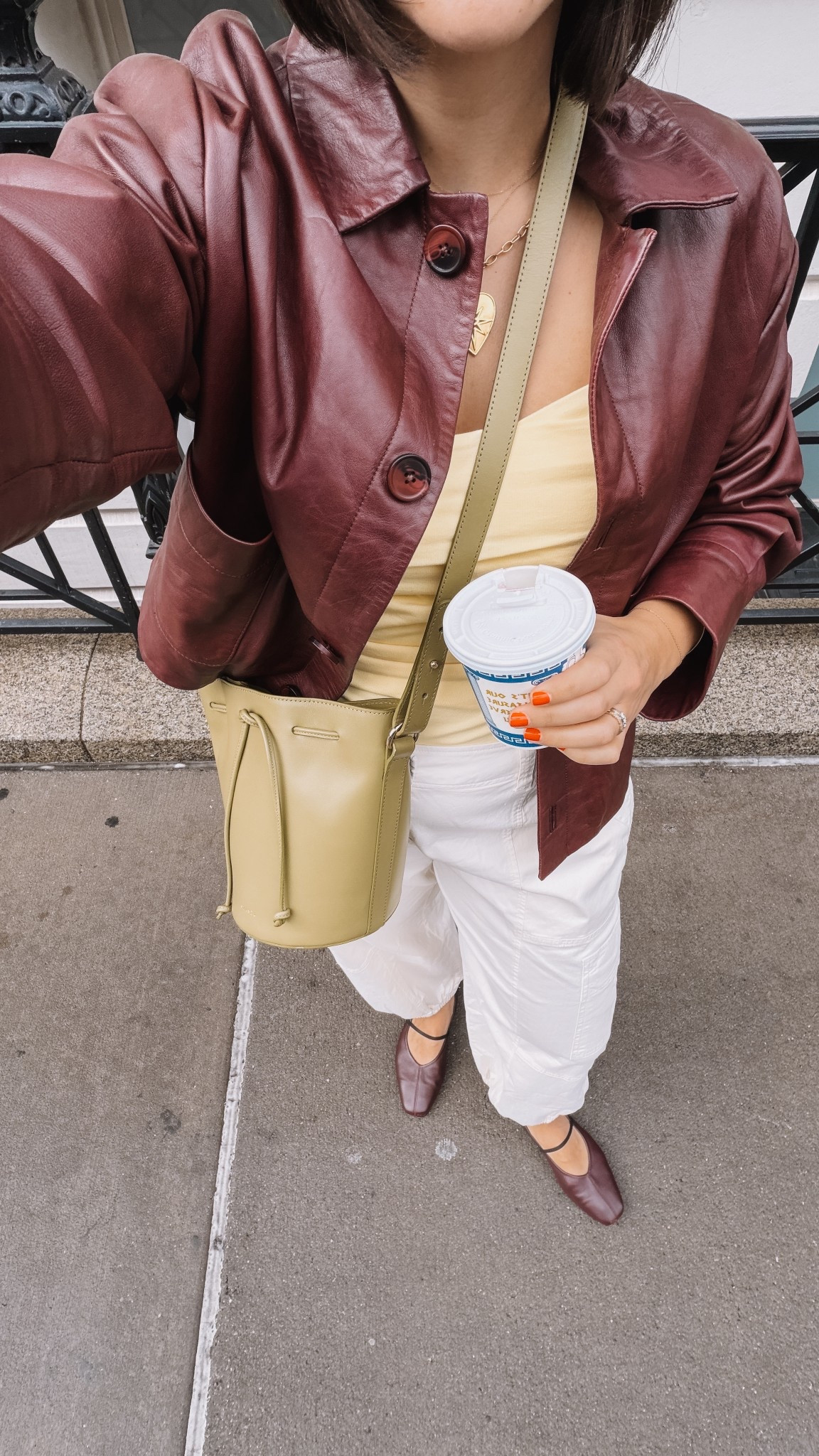 Spring outfit. Butter yellow and burgundy. Cargo pants @sanctuary @Margaux @SEZANE @Reformation 