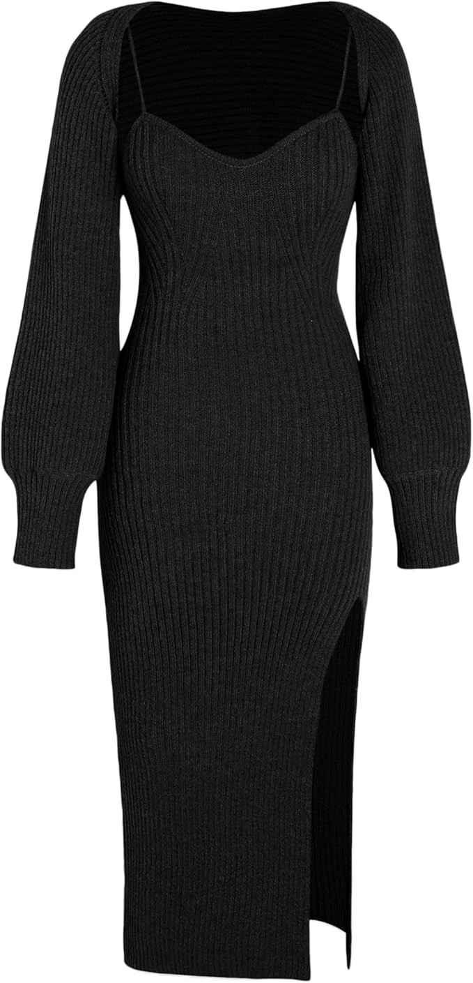 CIDER 2 Piece Sweater Dresses for Women Winter Slit Long Sleeve Womens Midi Dress Pullover Bodyco... | Amazon (US)