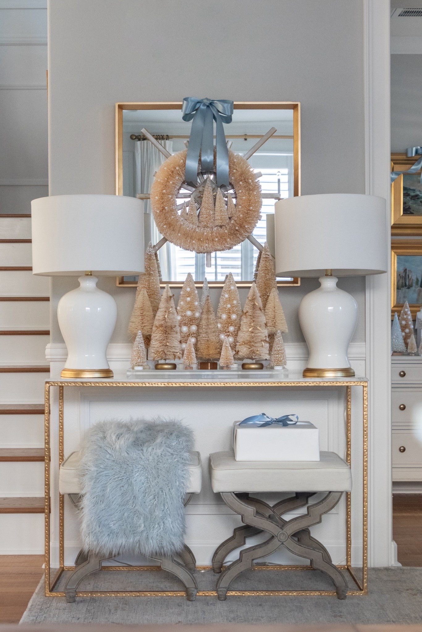 Shop my Christmas entryway pieces here🤍 holiday decor, home, seasonal, winter, blue and white, sisal tree, wreath, console table, entryway 

#LTKSaleAlert #LTKFindsUnder50 #LTKHome