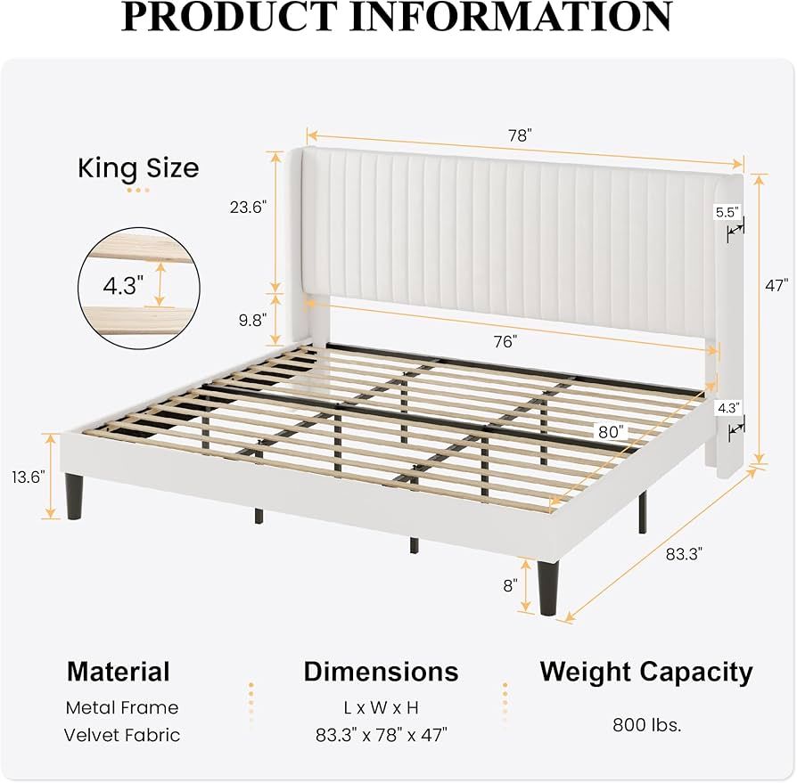 SHA CERLIN King Size Velvet Bed Frame with Vertical Channel Tufted Wingback Headboard, Upholstered Platform Bed with Wood Slats, No Box Spring Needed, Easy Assembly, White | Amazon (US)